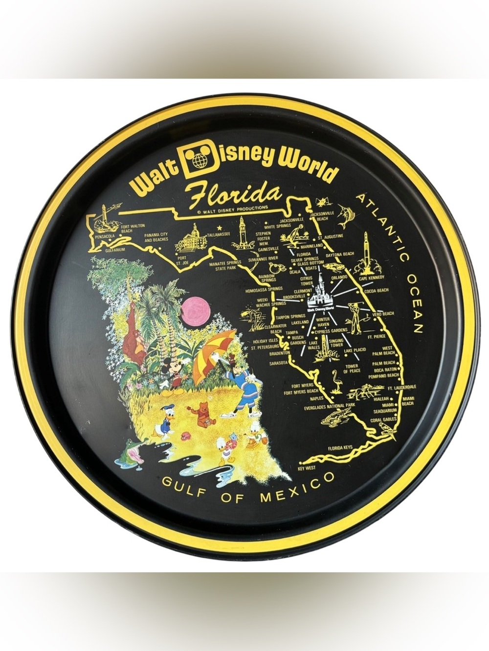 1970’s Vintage Walt Disney World Florida Decorative Round Tin Metal Tray 10”
